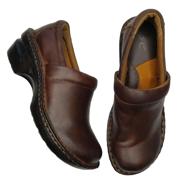 b.o.c. | Chocolate Brown Genuine Leather Square Toe Slip On Clogs Women's 6 - Picture 1 of 12